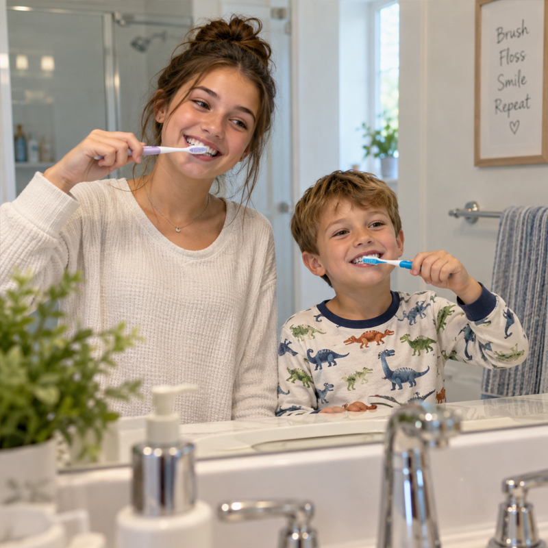 Older sister and younger brother brushing their teeth together to support preventive pediatric dental care
