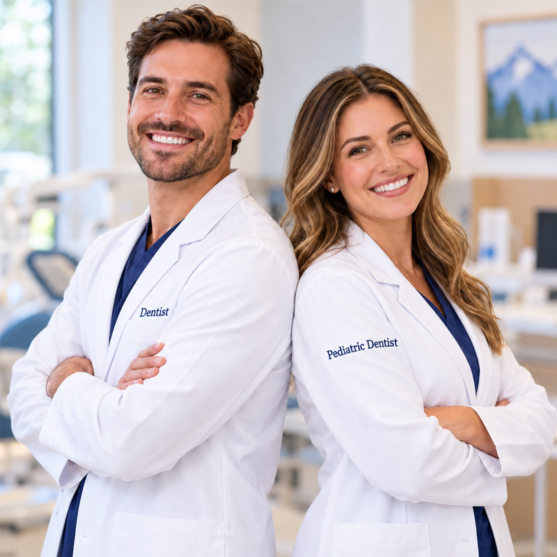General dentist and pediatric dentist standing together to illustrate the difference between their dental specialties