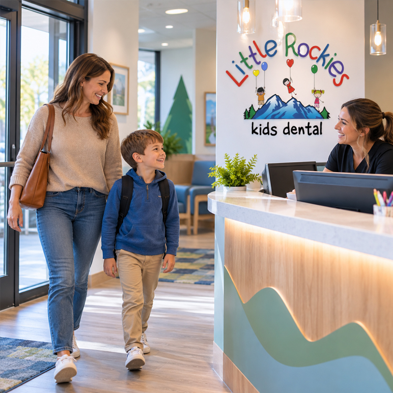 Mother and 7-year-old son checking in for an orthodontic growth monitoring visit