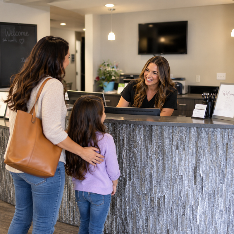 Parent and child arriving at a pediatric dental office for a dental emergency