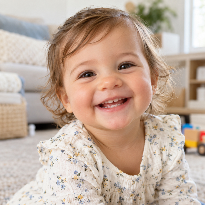 Smiling toddler showing healthy baby teeth during early childhood