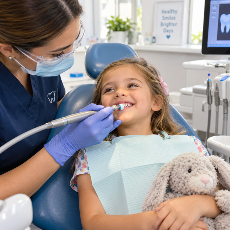 Child receiving a professional teeth cleaning at a pediatric dental office