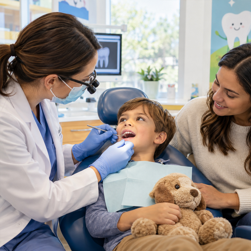 Child being evaluated after a pediatric dental injury