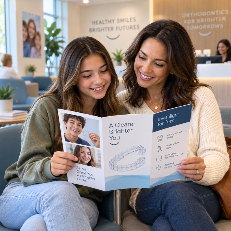 Parent and teen reading an Invisalign clear aligners brochure in the orthodontic waiting room