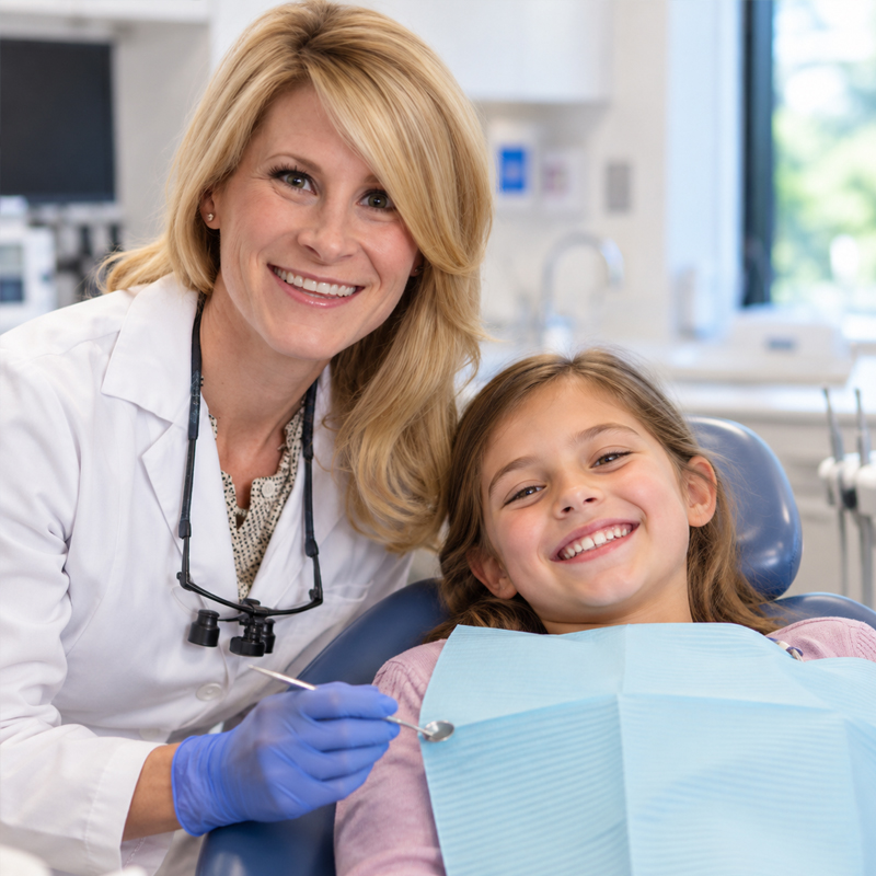 Pediatric dentist smiling beside a young child in a dental chair during a pediatric dental visit