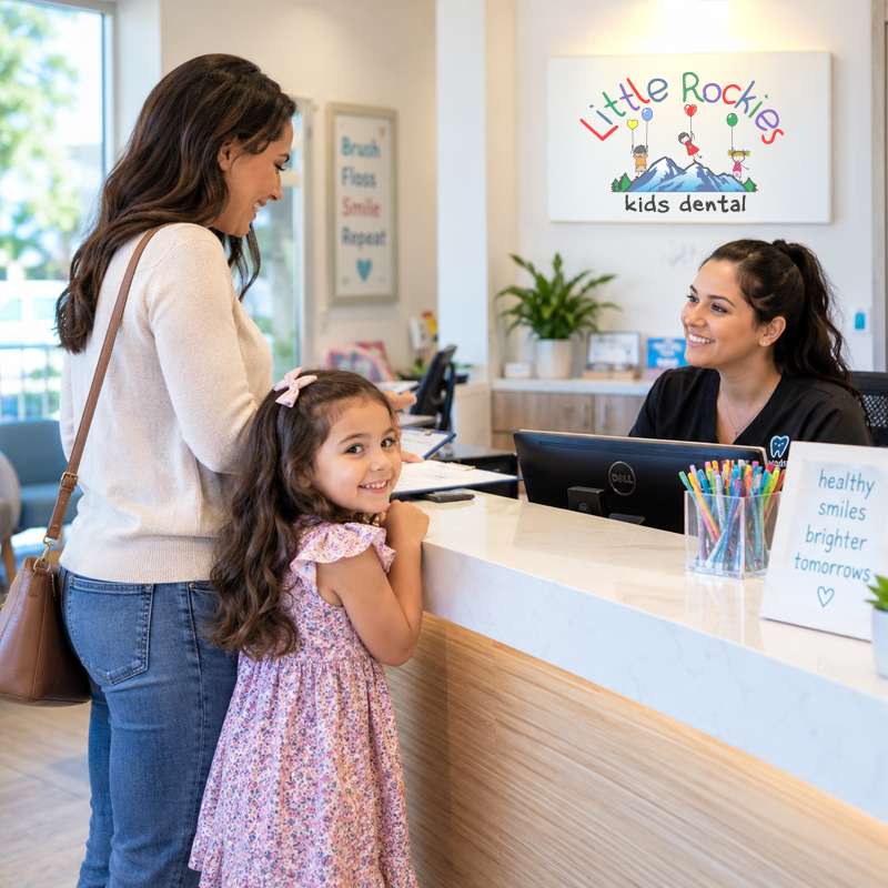 Parent and child checking in for a pediatric dental appointment