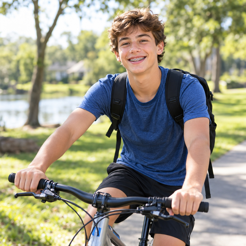 Teen boy with braces riding a bicycle in Parker, Colorado