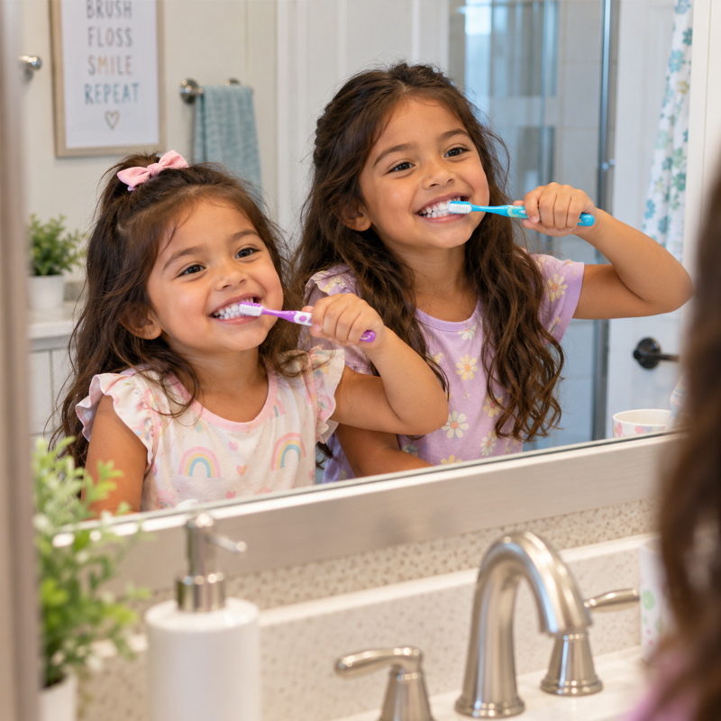 Two young girls brushing their teeth in front of a mirror to represent child oral hygiene