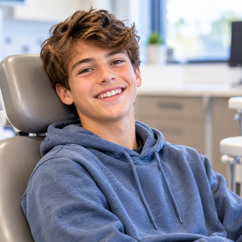 Teen boy smiling in a dental chair to represent preventive dental care for growing smiles