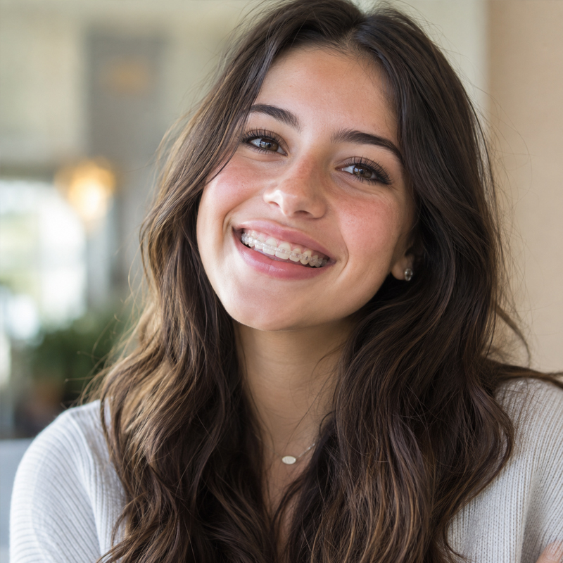 Older teenage girl smiling while wearing Invisalign clear aligners