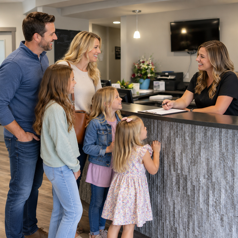Family checking in at a pediatric dental office for cavity treatment, restorative care, or a dental emergency