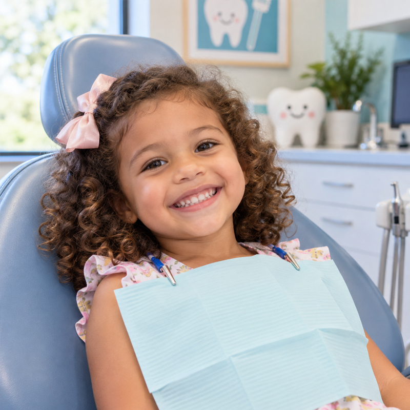 Young girl with curly hair smiling in a pediatric dental chair during a dental visit