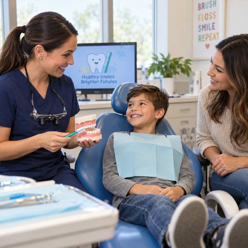 Child and parent receiving oral hygiene guidance after a pediatric dental cleaning
