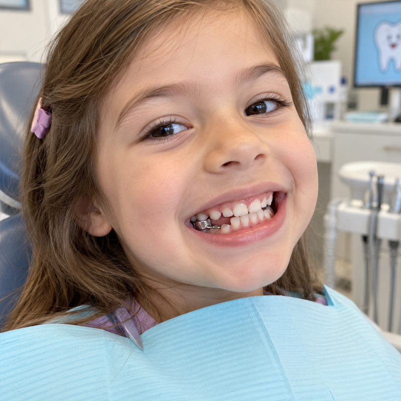 Child smiling with a dental space maintainer after a tooth extraction