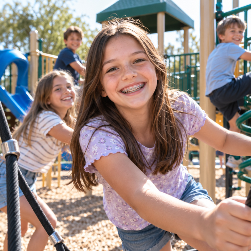 Young girl smiling with traditional metal braces in Parker, Colorado