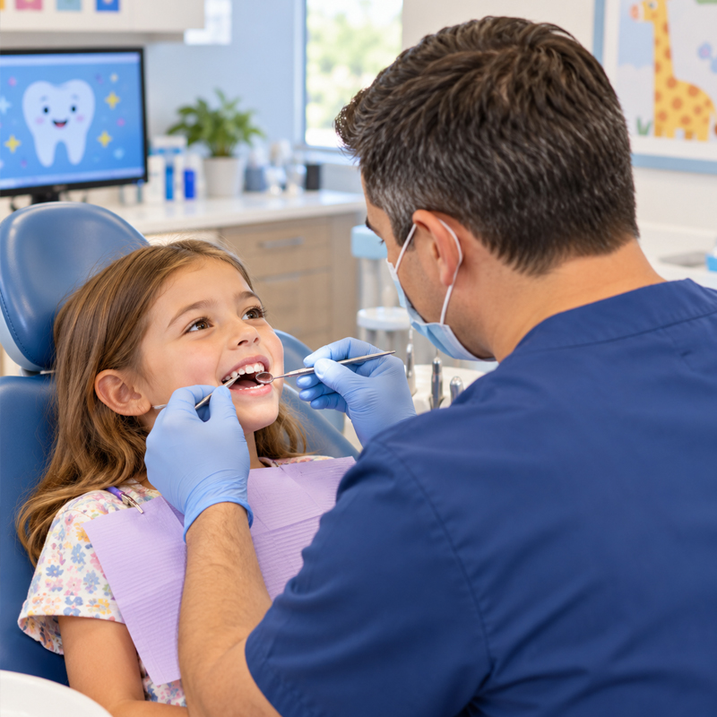 Orthodontic provider examining a 7-year-old girl's teeth during a growth monitoring visit