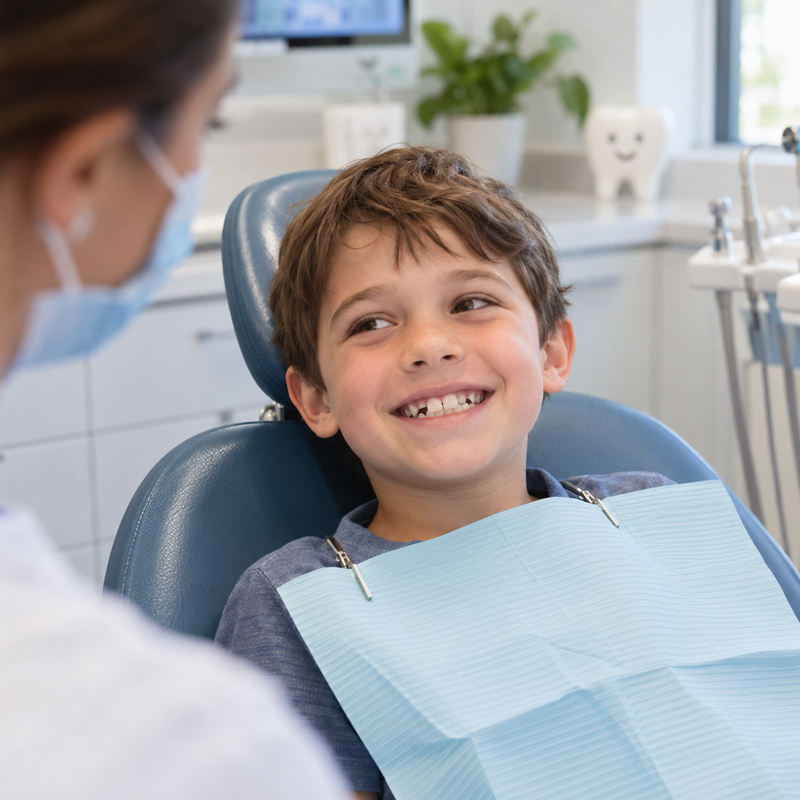Child with a noticeable crossbite smiling in a dental chair during an orthodontic evaluation
