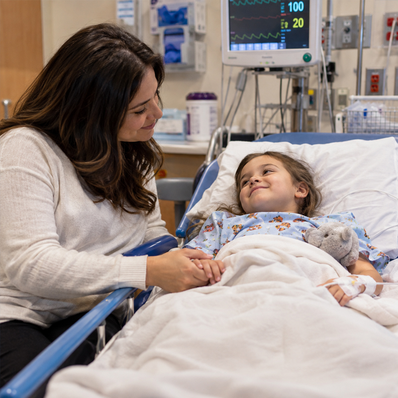 Child resting with a parent in an outpatient setting for pediatric dental treatment under general anesthesia