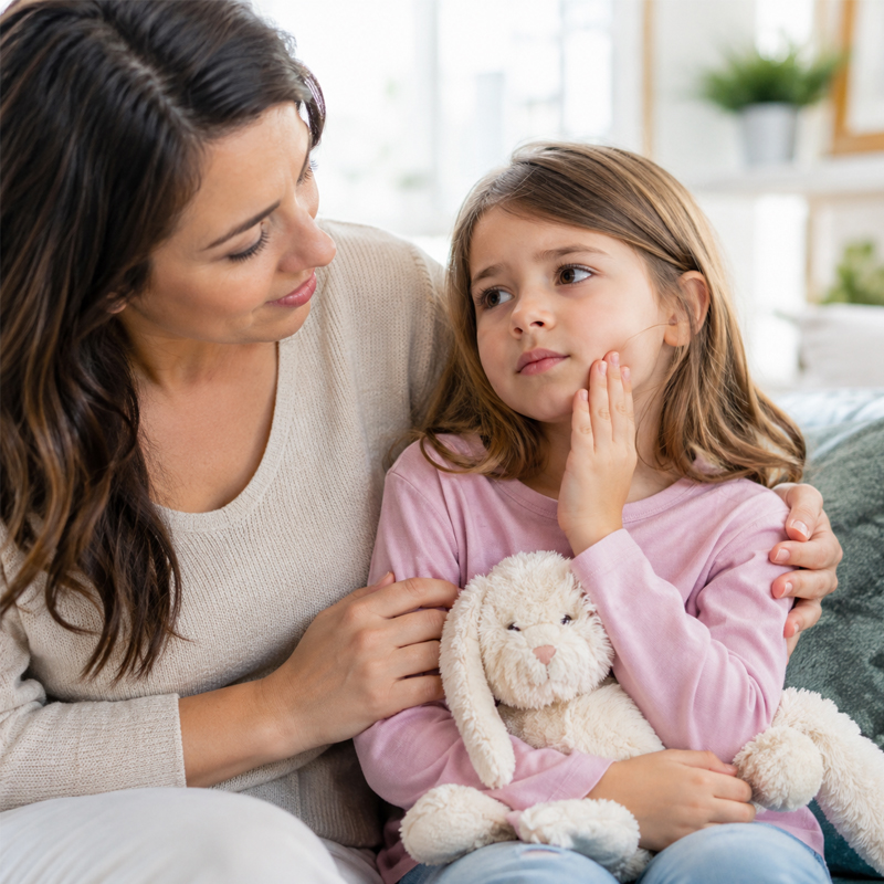 Parent comforting a child with tooth pain that may be caused by a dental infection