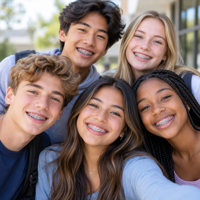 Diverse group of smiling teens wearing braces in Parker