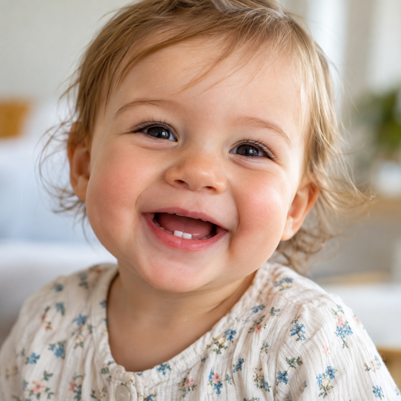Smiling toddler showing first baby teeth to represent pediatric dentistry from baby teeth through the teen years