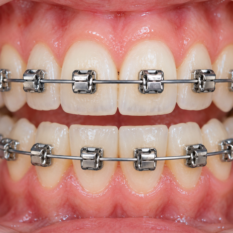Close-up of self-ligating orthodontic brackets and archwire on teeth