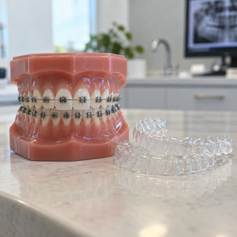 Clear aligner trays beside a dental model with traditional braces