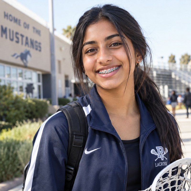 Teen female athlete of Indian heritage smiling with braces at school