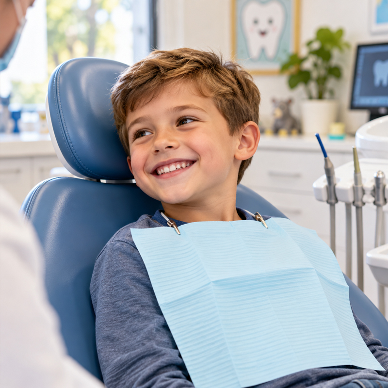 Young boy smiling in a dental chair during a visit for dental sealants