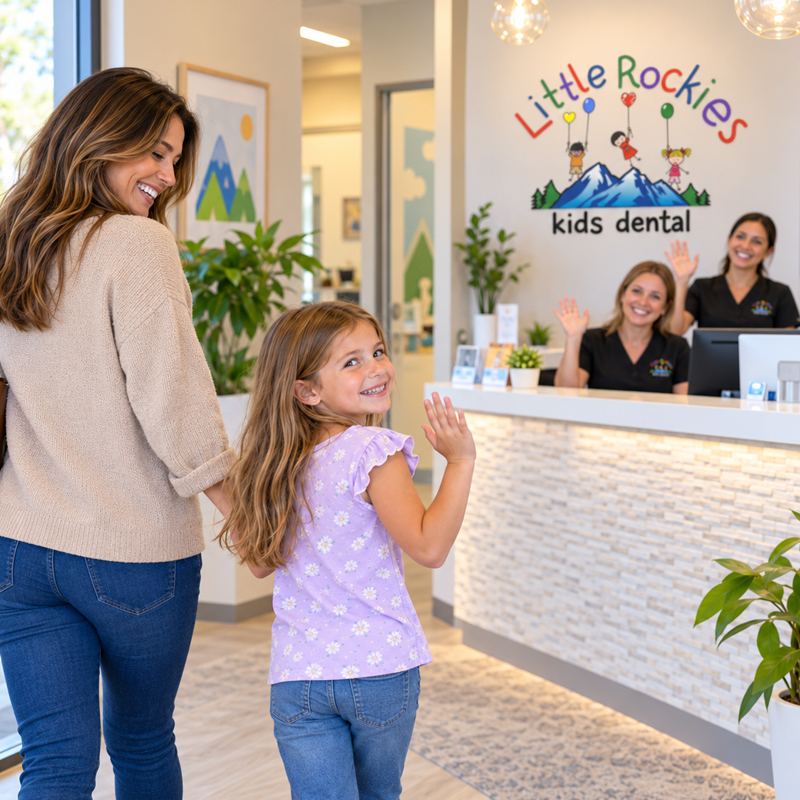 Mother and 7-year-old daughter leaving the orthodontic office while the front desk team waves goodbye