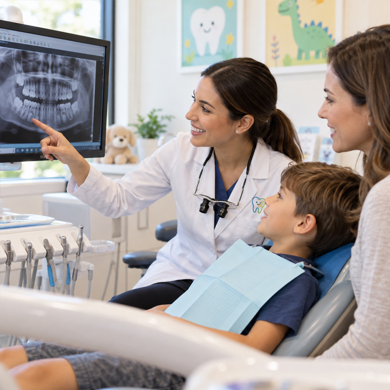 Pediatric dentist reviewing a dental X-ray while evaluating a child's tooth infection