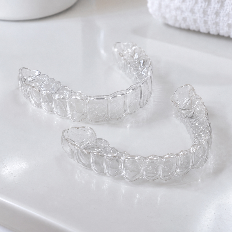 Upper and lower Invisalign clear aligners on a white counter
