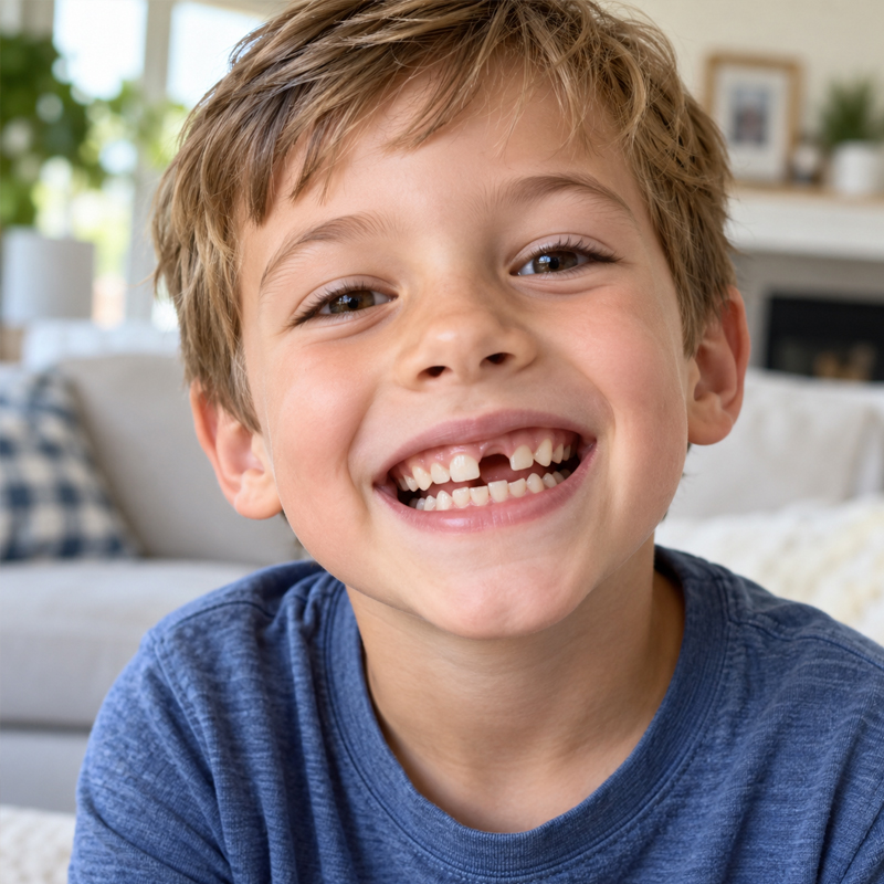 Child smiling with an open mouth showing a missing tooth to represent whether a badly decayed or infected tooth may need to be extracted