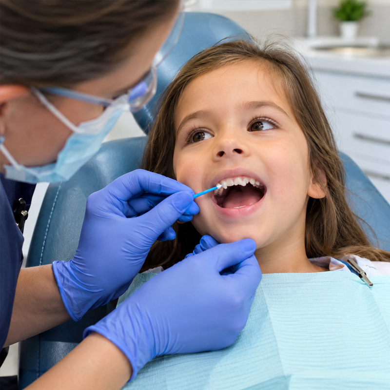 Child receiving silver diamine fluoride treatment with a small dental applicator