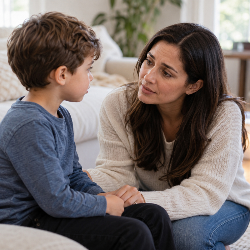 Parent talking with her child about possible signs of a dental cavity