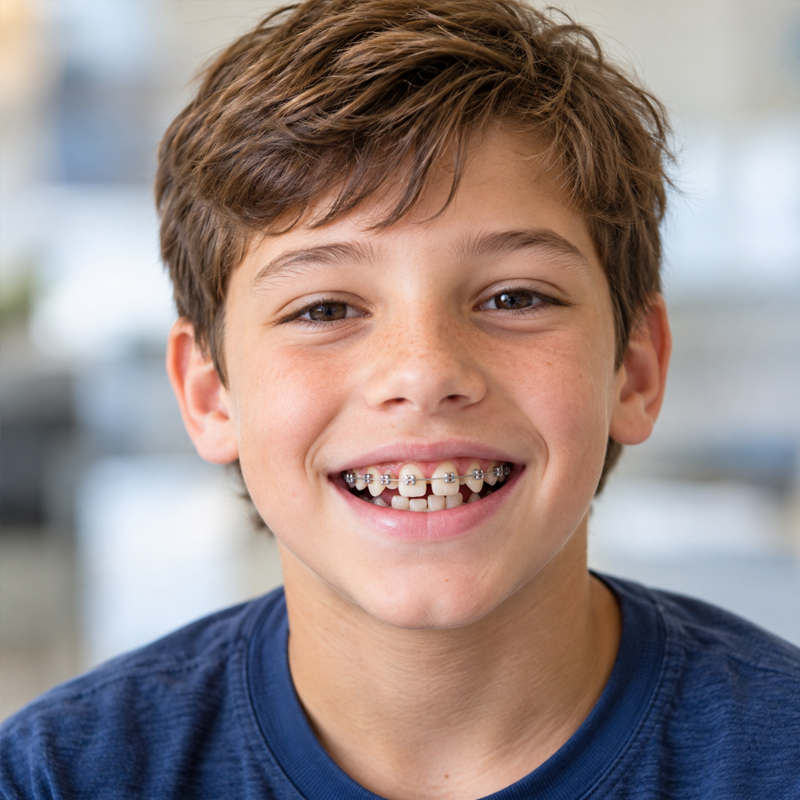10-year-old boy with braces showing spacing and crooked teeth before orthodontic treatment