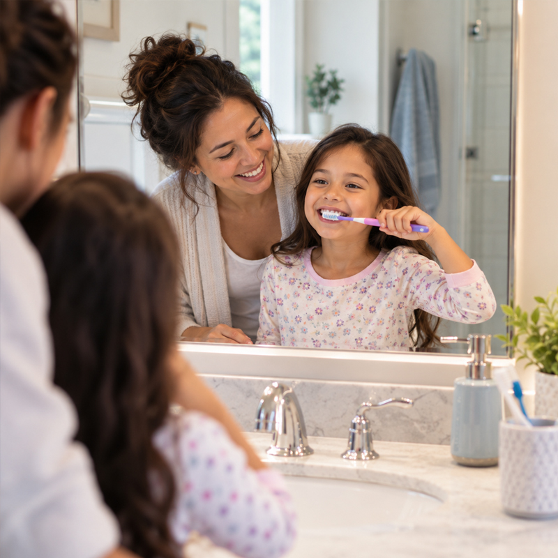 Parent helping a young child brush teeth to build healthy dental habits