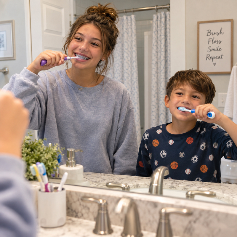 Teen with braces and younger sibling brushing their teeth as part of daily oral hygiene