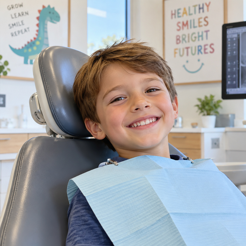 Young boy smiling in a dental chair during an orthodontic growth monitoring visit in Parker, Colorado