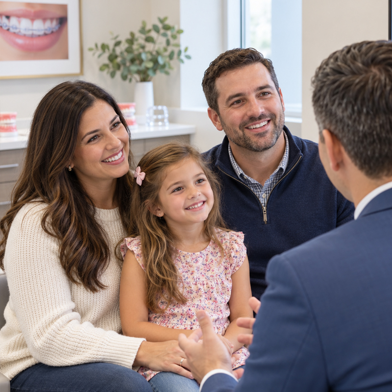 Parents and their 6-year-old daughter speaking with an orthodontic provider during a growth monitoring consultation