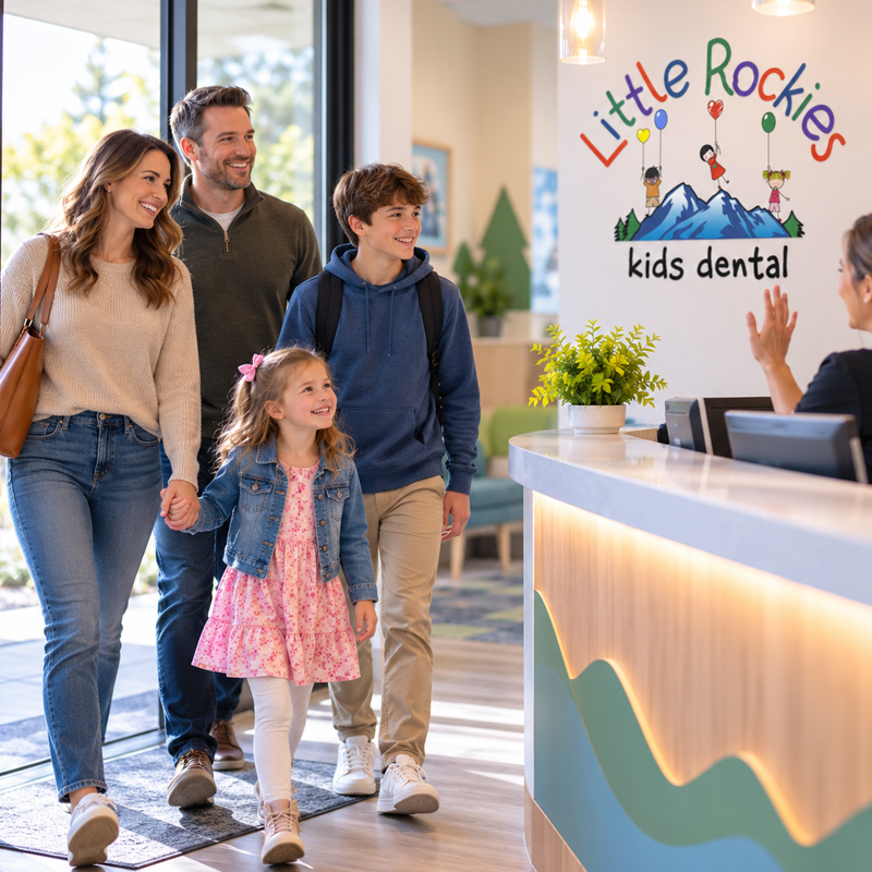 Family arriving at Little Rockies Kids Dental for pediatric dentistry and orthodontic monitoring in Parker