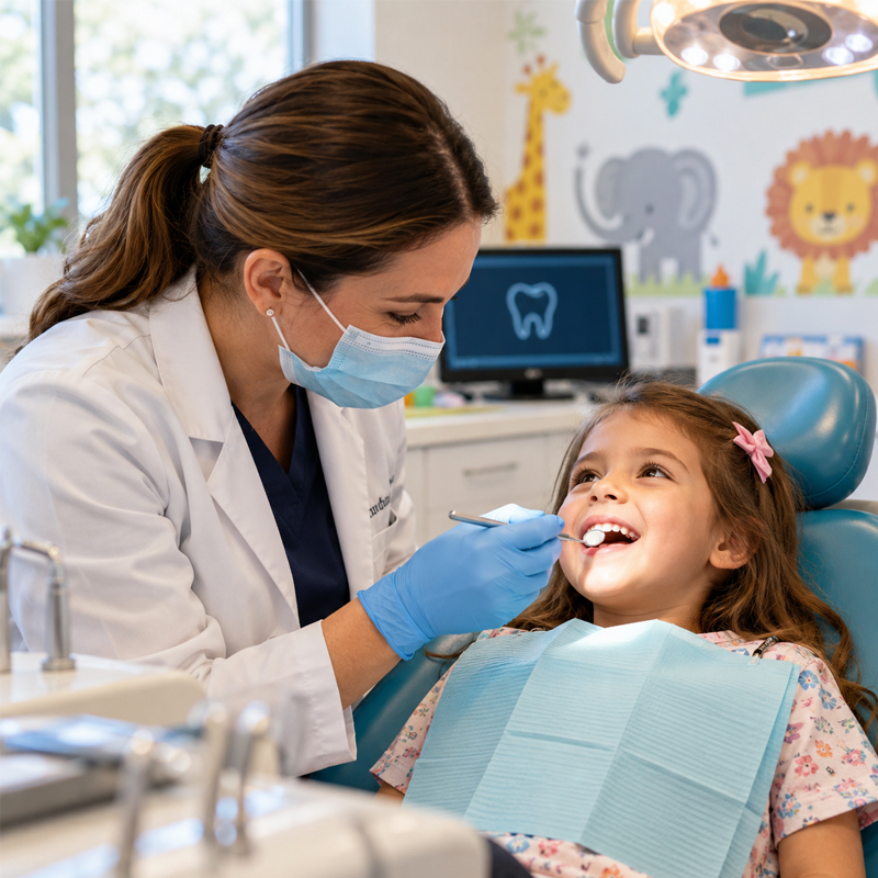 Child receiving a dental examination to check for early signs of tooth decay