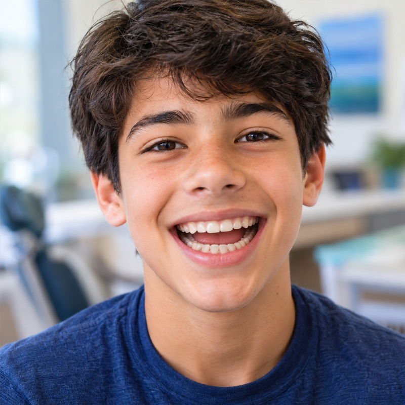 13-year-old boy smiling and showing a fixed orthodontic retainer