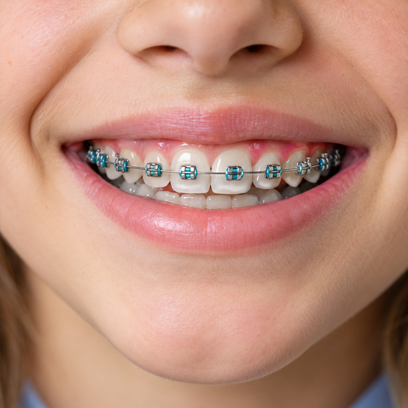 Close-up of self-ligating braces on a child's teeth