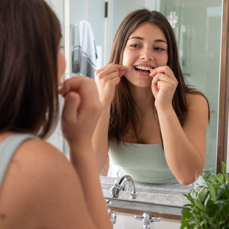 Teen girl flossing her teeth to help prevent future cavities