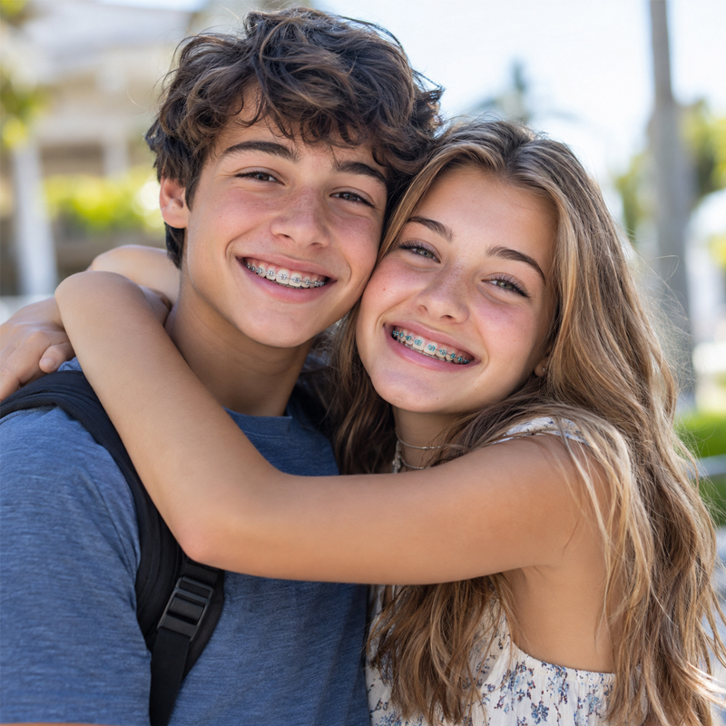Teen boy and girl smiling with traditional braces in Parker, Colorado
