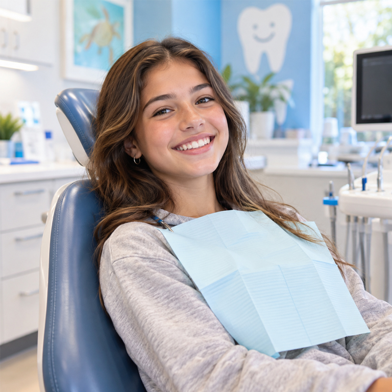 Teenager smiling in a dental chair during a routine dental visit