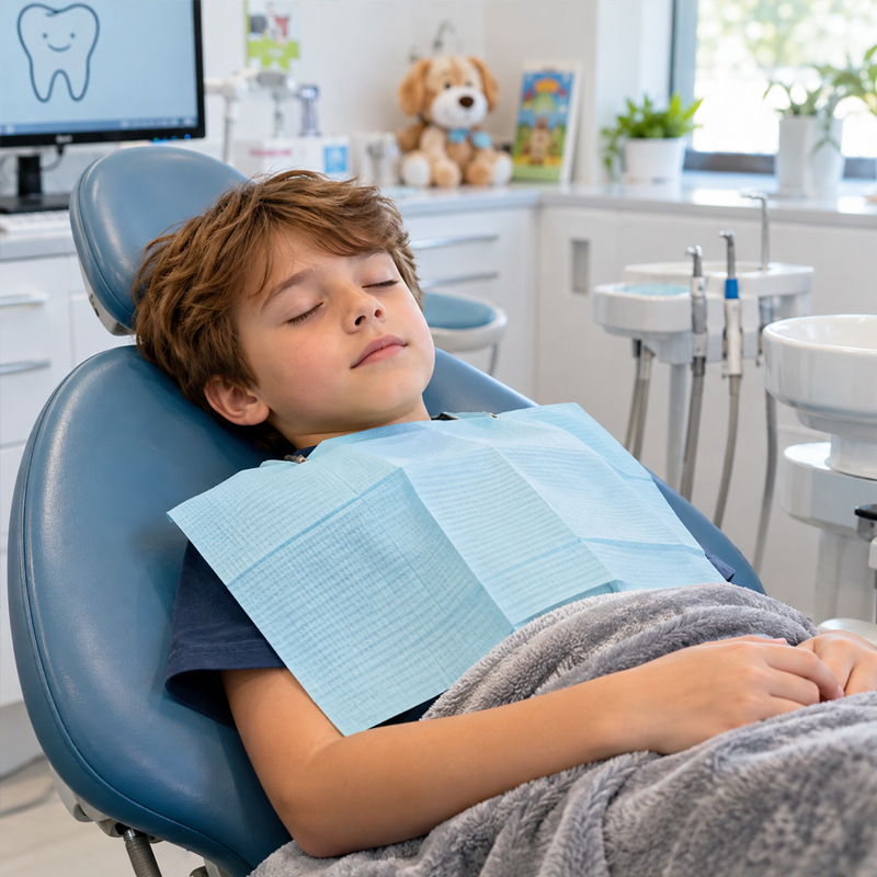 10-year-old child resting comfortably in a pediatric dental chair during a dental visit