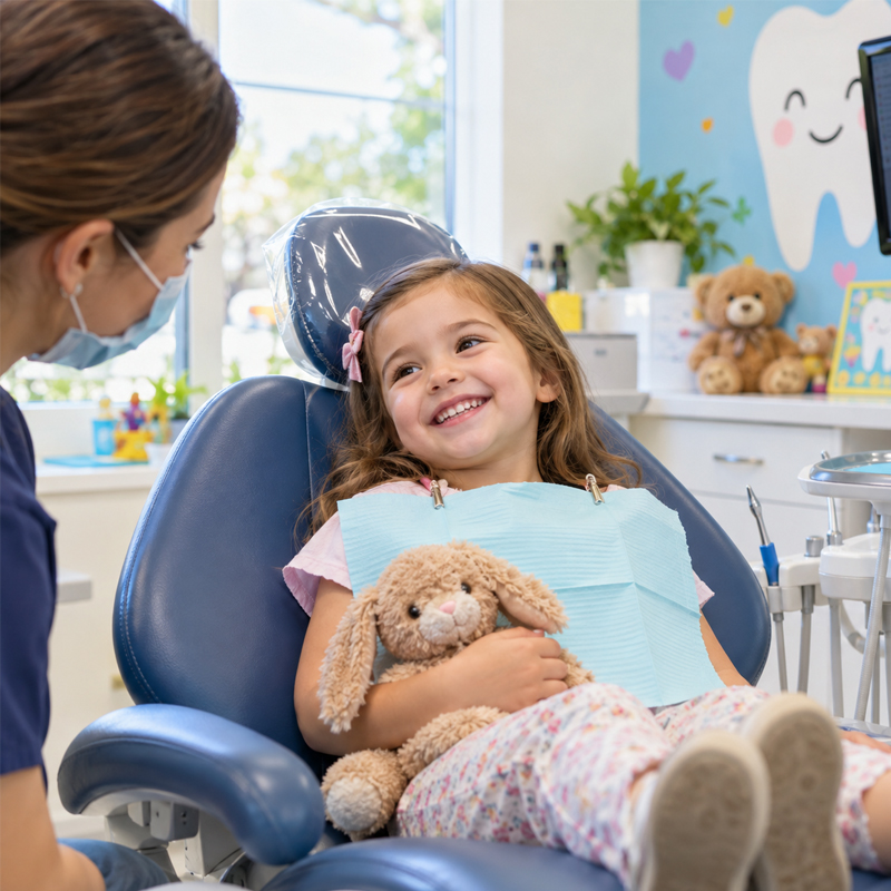 Young child smiling in a pediatric dental chair during a routine dental visit