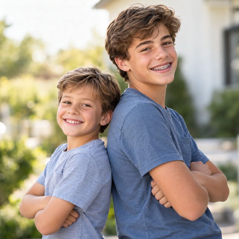 Young boy and his teen brother smiling together, with the older brother wearing braces, representing pediatric dentistry and orthodontics in one Parker office.
